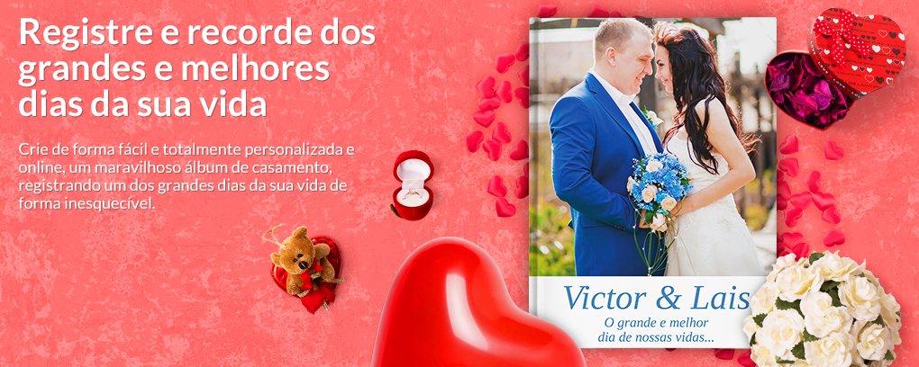 FotoLivro Capa Dura com imagem de casamento, com buquê, aliança e corações.